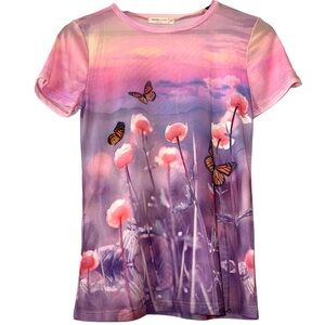 Vintage Y2K Sweet Lilac Pink Sheer Floral Butterfly AOP Babydoll Top Fairy Sz M